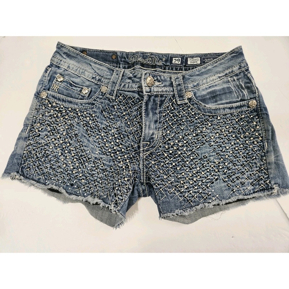 Miss Me Rhinestone Diamond-Lattice Embellished Denim Cutoff Womens Short Size 29